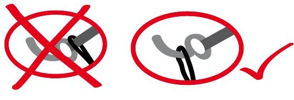Links falsch: Gummi über dem ovalen Teil des Splints, rechts richtig